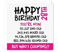 28th Birthday Card - Funny Who's Counting Age 28 Birthday Card for Him or Her - Novelty Humour Birthday Card - Celebrate in Seconds, Minutes, Hours, and Days Twenty Eight Birthday Greeting Card (Pink)