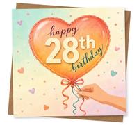 28th Birthday Card, Heart-Shaped Balloon and Pastel Dots | Features a big heart balloon with “happy 28th birthday”, pastel rainbow background, scattered hearts and confetti dots.