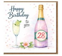 28th Birthday Card - Watercolour Champagne Bottle and Fizzing Glass with Lime, Confetti Dots - Happy Birthday to You