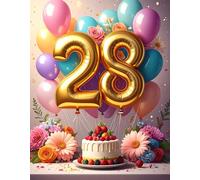 28th Birthday Card - Women & Men, A6, Flowers, Balloons, Cake