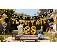 28th Birthday Decorations for Men, Gold Twenty Ate Balloon Banner, Black Gold Number 28 Champagne Beer Cup Foil Balloons for 28 Years Old Men Him Boyfriend Birthday Anniversary Party (Black Gold)
