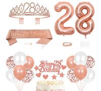 28th Birthday Decorations Princess Crown Queen Tiara It's My 28th Birthday Sash 28 Year old Cake Topper Number Balloons Set for Party Supplies, Rose Gold