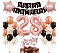 28th Birthday Decorations Set Rose Gold Black Theme Happy Birthday Banner Balloon Decor Photo Backdrop for Women Men Adults Turning 28 Age 28 Party Supplies Celebration Decor Event Bundle Bunting Set