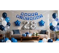 28th Birthday Party Decoration Blue for Him, Happy Birthday Banner Blue Number 28 Star Foil Balloons Latex Confetti Balloons for Men Him 28 Years Old Supplies(28th)