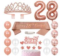 28th Birthday Sash Princess Crown Queen Tiara Rhinestone Headbands Cake Toppers Number 28 Helium Balloons Rose Gold Latex Balloon 28 Birthday Decoration for Women 28 Year Old Birthday Party Supplies