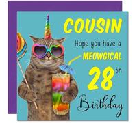 28th Cousin Birthday Card - Meowgical Cat Funny Birthday Card for 28 Year old twenty eight, twenty eighth