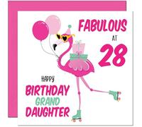 28th GrandDaughter Birthday Card - Fabulous Flamingo - Pink Cute Granddaughters Birthday Card for 28 Year old twenty eight, twenty eighth