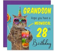 28th Grandson Birthday Card - Meowgical Cat Funny Birthday Card for 28 Year old twenty eight, twenty eighth
