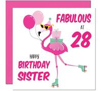 28th Sister Birthday Card - Fabulous Flamingo - Pink Cute Sisters Birthday Card for 28 Year old twenty eight, twenty eighth