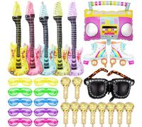 29 Pcs Inflatable Party Props - 80s 90s Themed Party Props Guitars, Roller Skates, Boombox, Microphones, Sunglasses - Inflatable Musical Instruments for Rock and Roll Theme Decorations