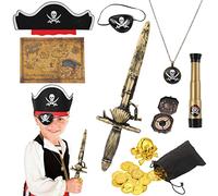 29 Pcs Pirate Costume Accessories Set,Pirate Eye Patch Pirate Hat Sword Pirate Compass Purse Coins Necklace Pirate Accessories Adult Kids for Halloween
