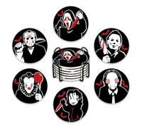 29 Pycat Halloween Horror Movie Characters Drink Coasters with Holder Set of 6, Bloody Black Absorbent Ceramic Cup Mat for Coffee Table Protection, 4 Inches Scary Home Kitchen Decor Housewarming Gifts