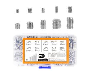 290 Pcs Grub Screws Assorted, Stainless Steel Grub Screws for Door Handles, Hex Socket Head Set Screw Set for Door Handle Faucet Light Threaded Fasteners Screw Kit, M3 M4 M5 M6 M8