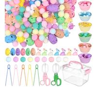 294 PCS Fine Motor Toys Counting Sorting Sensory Bin Filler 200 Pom Poms 45 Colorful Eggs 35 Mini Resin Bunnies 7 Tweezers 6 Silicone Sorting Cups 1 Storage Box, for Counting DIY Crafts
