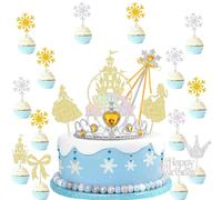 29pcs Frozen Crown Snowflake Sticks for Kids Cake Decoration, Gold and Silver Snowflake Castle Cake Decorations, Elsa Cinderella Birthday Party