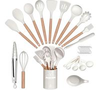 29PCS Kitchen Utensils Set - Nonstick, Heat Resistant Silicone Cookware with Wooden Handle, Spatula Spoon Tongs Set, Kitchen Tools & Accessories for Cooking (White)