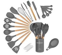 29PCS Kitchen Utensils Set - Nonstick, Heat Resistant Silicone Cookware with Wooden Handle, Spatula Spoon Tongs Set, Kitchen Tools & Accessories for Cooking (Grey)