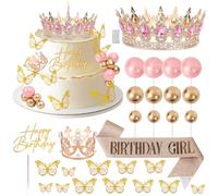 29Pcs Pink Crown Cake Topper Butterfly Birthday Cake Decorations with Happy Birthday Cake Topper for Princess Women Queen Party Wedding Decor with Candles and ribbons(Pink)