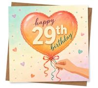 29th Birthday Card for Daughter, Heart Balloon & Confetti | Heart-shaped balloon reads “happy 29th birthday”, with pastel confetti, tiny hearts and ribbon-made for your Daughter, 29th.