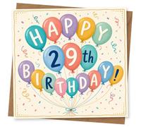 29th Birthday Card for Her, Bright Balloon Party Design | Eye-catching greeting card; Bright Balloon Party artwork for her on a 29th birthday with a warm, memorable feel