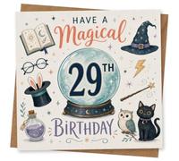 29th Birthday Card for Her, Magical Crystal Ball & Cat | Have a Magical 29th Birthday wording with crystal ball, wand, spell book, wizard hat, owl and black cat illustration.