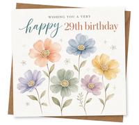 29th Birthday Card for Her, Pastel Flowers, Stylish Script | Pastel watercolour flowers surround “Wishing you a very happy 29th birthday” in stylish script for her 29th.