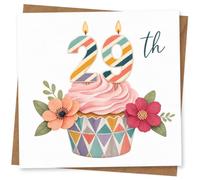 29th Birthday Card for Her, Stripe Candle Cupcake, Flowers | Bright 29th for her featuring striped candle numbers on a pink-iced cupcake, with bold flowers and leafy details.