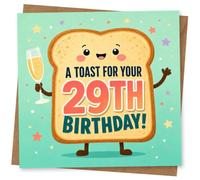 29th Birthday Card for Her, Toast Character & Fizz | Cheery toast holding a champagne flute with stars and confetti; reads “A Toast for Your 29th Birthday!”.