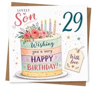 29th Birthday Card for Son, Layered Cake, Flowers & Tag | Cheerful 29th for your Son: layered cake with bright candles, flowers and a sweet ‘With love’ message.
