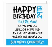 29th Birthday Card - Funny Who's Counting Age 29 Birthday Card for Him or Her - Novelty Humour Birthday Card - Celebrate in Seconds, Minutes, Hours, and Days Twenty Nine Birthday Greeting Card (Blue)