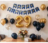 29th Birthday Decorations for Men, Navy Blue 29th Birthday Banner Gold Number 29 Foil Balloons Metallic Confetti Balloons 29th Birthday Party Supplies for 29 Years Old Him(29th)
