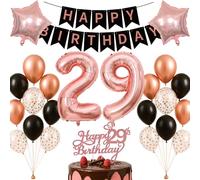 29th Birthday Decorations Set Rose Gold Black Theme Happy Birthday Banner Balloon Decor Photo Backdrop for Women Men Adults Turning 29 Age 29 Party Supplies Celebration Decor Event Bundle Bunting Set