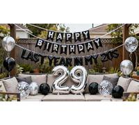 29th Birthday Party Decorations for Men Women, Silver Black Last Year in My 20s Number 29 Foil Balloons Birthday Banner, Funny Cheers 29 Years Old Not 30 Yet 29th Birthday Party Supplies(29)