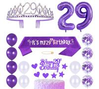 29th Birthday Sash Princess Crown Queen Tiara Rhinestone Headbands Cake Toppers Number 29 Helium Balloons Purple Latex Balloon 29 Birthday Decoration for Women 29 Year Old Birthday Party Supplies
