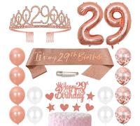 29th Birthday Sash Princess Crown Queen Tiara Rhinestone Headbands Cake Toppers Number 29 Helium Balloons Rose Gold Latex Balloon 29 Birthday Decoration for Women 29 Year Old Birthday Party Supplies