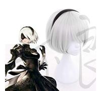 2B Cosplay wig NieR:Automata 2B YoRHa Short Silver Grey Bobo Synthetic Hair Wig 2B Cosplay Halloween Carnival wig +Wig Cap Other Wig and Hairhat