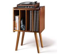 2BHOME Wooden LP Record Player Stand with 4 Cabinets, Holds up to 100 Vinyls, Metal Record Storage Holder and Organizer Table, Classical Design for Files/Book (Mid-Century Modern)