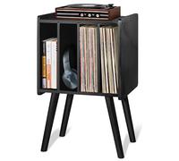 2BHOME Wooden Record Player Stand, Accommodates 100 LPs, Natural Acacia Vinyl Record Organizer Stand with Mid-Century Modern Design for Files/Books (Black)