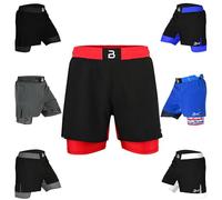 2BOLD MMA Shorts Men’s 2 in 1 Jiu-Jitsu Built in Compression Lining Athletic Gym Boxing Muay Thai BJJ No-Gi Grappling Shorts, Black-red, Large
