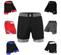 2BOLD MMA Shorts Men’s 2 in 1 Jiu-Jitsu Built in Compression Lining Athletic Gym Boxing Muay Thai BJJ No-Gi Grappling Shorts, Black-grey, Small