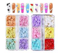 2Boxes 6 Grids 3D Colorful Flower Nail Charms- 3D Nail Flowers Rhinestone with White Pearl &Gold Silver Caviar Beads Mixed DIY Nail Decorations for Acrylic Cherry Blossom Nail Art Design (Colorful A)