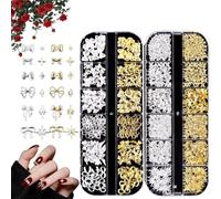 2Boxes Go/ld Si/lver 3D Nail Charms,Bow Nail Charms,24 Grids Bow Star Nail ge/ms Nail Studs,Punk Me/tal Alloy Ri/vet Stickers Bowknot Nail Art Decorations Accessories for Nail Art Design DIY Crafts
