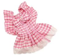 2Checkered Dog Dress for Small Girls, Polyester Cotton Pet Clothes with Bow & D-Ring, Lace Trim(S)