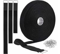 2cm x 5m Hook and Loop Straps with 25 Metal Buckles, Cut-to-Length Reusable Black Cable Ties, Adjustable Fastening Cable Straps, Nylon Securing Cinch Strap