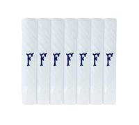 2COZEE 7 Pack of Mens/Gentlemens White Satin Bordered Handkerchiefs with & Blue Embroidered Initials, F
