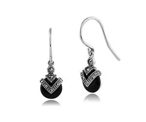 2ct Black Onyx & Marcasite 925 Sterling Silver Art Deco Drop Earrings