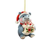 2D Acrylic Book Shape Christmas Tree Ornament Featuring a Hippo Holding Cake Double Printed Design for Festive White Elephant Party