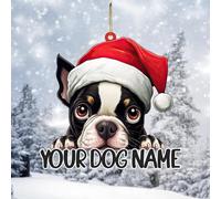 2D Acrylic Merry Christmas Ornaments,Custom Dog Name Boston Terrier Ornaments Decoration for Christmas Tree Baubles Stocking Stuffers Hanging Keepsake Xmas New Year Birthday Gifts for Dog Mom Dad