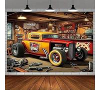 2D Banner retro garage theme, suitable for photography and party decoration - Red hot rod, suitable for many occasions 250x180CM