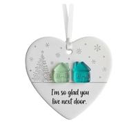2D Christmas Heart Shaped Pendant Neighbor Christmas Ornaments Friendship Souvenir Decor with "I'm so Glad You Live Next Door" Keepsake for Friends Xmas Tree Hanging Decorations (Heart-C)